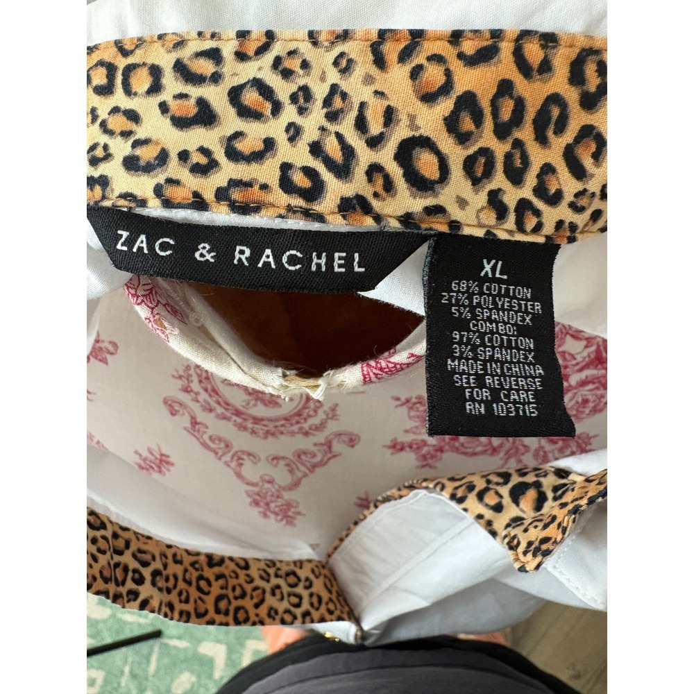 Zac & Rachel White Button Down Shirt Leopard Print Trim Stretch Blouse XL - Picture 5 of 6